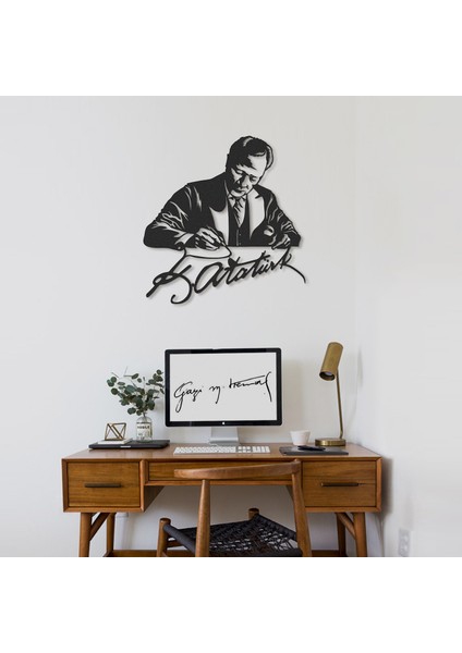 Atatürk ve Imza Metal Duvar Tablosu - Atatürk Hediyelik - Atatürk ve Imza - Atatürk Dekor -APT761