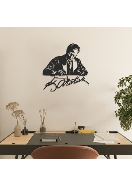 Atatürk ve Imza Metal Duvar Tablosu - Atatürk Hediyelik - Atatürk ve Imza - Atatürk Dekor -APT761