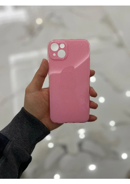 Apple iPhone 15 Plus Kamera Korumalı Simli Renkli Pembe Silikon Kılıf