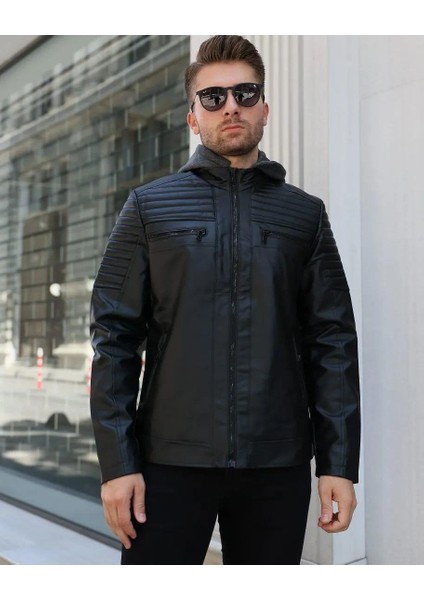 Siyah Kapüşonlu Deri Mont Erkekler İçin Slim Fit Şık ve Rahat indirimleri
