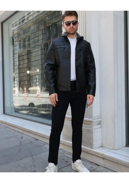 Erkek Kapüşonlu Siyah Suni Deri Şişme Mont Slim Fit Modern Tasarım
