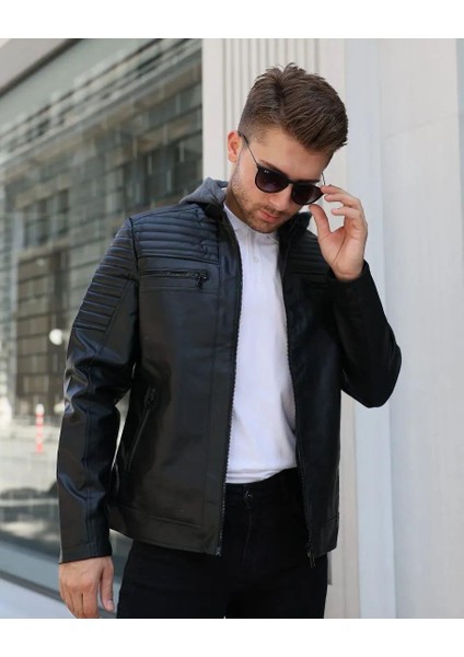 Erkek Kapüşonlu Siyah Suni Deri Şişme Mont Slim Fit Modern Tasarım fiyatları
