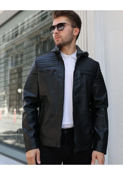 Erkek Kapüşonlu Siyah Suni Deri Şişme Mont Slim Fit Modern Tasarım modelleri