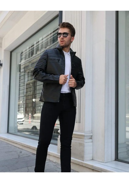 Erkek Kapüşonlu Siyah Suni Deri Şişme Mont Slim Fit Modern Tasarım fırsatları