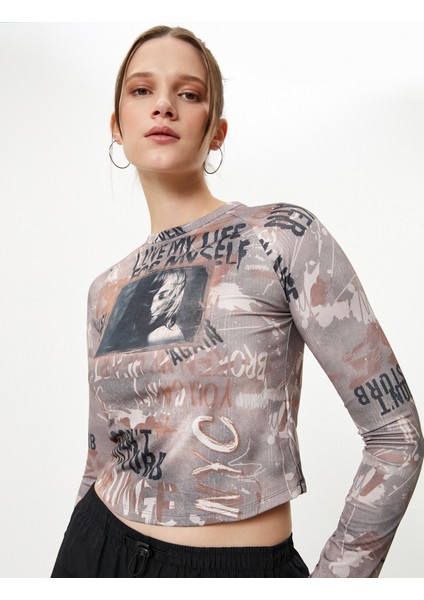 Baskılı Uzun Kollu Tişört Bisiklet Yaka Slim Fit