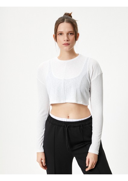 Arkası Pencere Detaylı Spor Crop Tişört Uzun Kollu Bisiklet Yaka modelleri