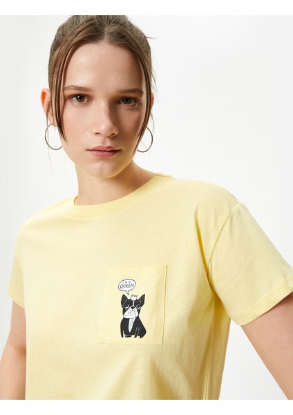 Cep Detaylı Baskılı Tişört Pamuklu Kısa Kollu Bisiklet Yaka