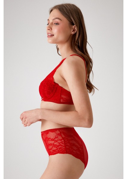 Kırmızı 4840 Cenova Soft Push Up Dolgulu Dantelli Sütyen ve Yüksek Bel Külot Iç Çamaşır Takımı