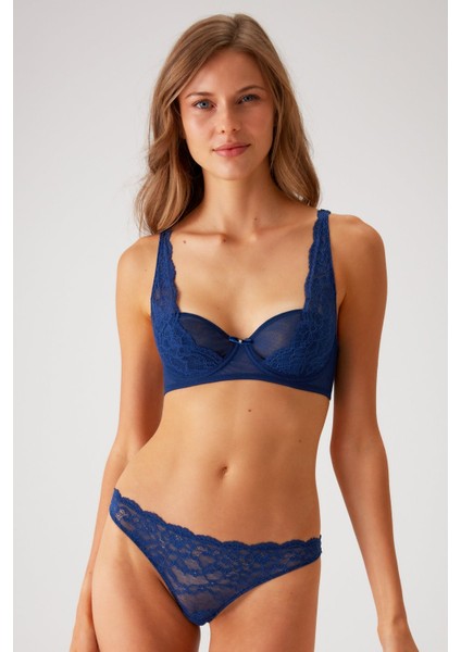 Lacivert 4841 Dantelli Kapsız Dantelli Sütyen ve String Fantezi Iç Çamaşır Takımı