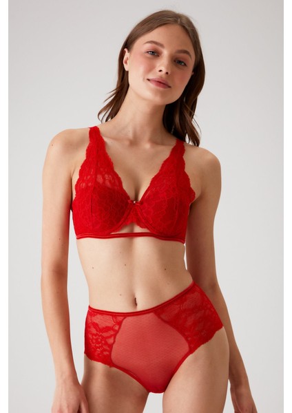Kırmızı 4840 Cenova Soft Push Up Dolgulu Dantelli Sütyen ve Yüksek Bel Külot Iç Çamaşır Takımı