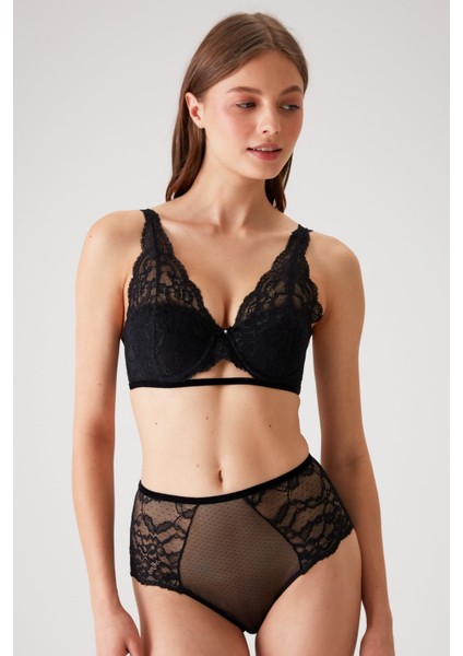 Siyah 4840 Cenova Soft Push Up Dolgulu Dantelli Sütyen ve Yüksek Bel Külot Iç Çamaşır Takımı