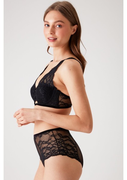 Siyah 4840 Cenova Soft Push Up Dolgulu Dantelli Sütyen ve Yüksek Bel Külot Iç Çamaşır Takımı