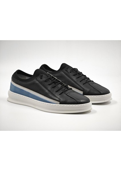 Erkek Deri Kaçuk Taban Sneaker 9011 Siyah-Beyaz