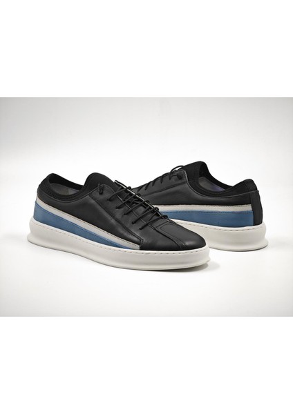 Erkek Deri Kaçuk Taban Sneaker 9011 Siyah-Beyaz