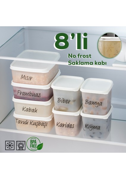 02 8 Li Çok Amaçlı Kapaklı Derin Dondurucu Etiketli Saklama Kabı Seti Gıda Erzak Saklama Kabı 0,65 - 0,38 Lt