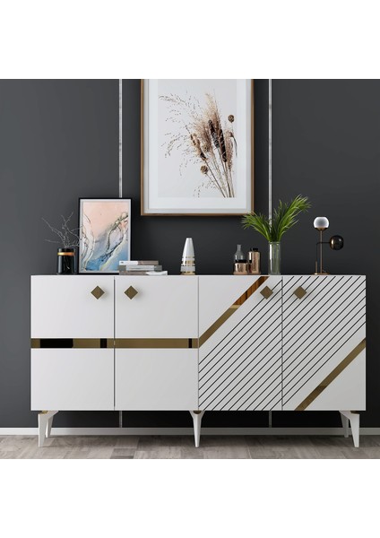 Irris Konsol 4 Kapaklı Raflı Beyaz-Altın