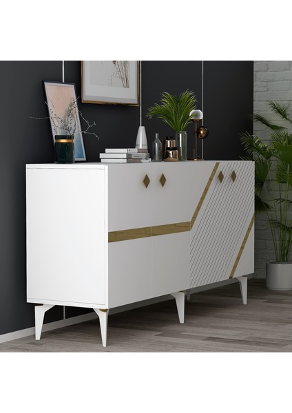 Irris Konsol 4 Kapaklı Raflı Beyaz-Altın modelleri