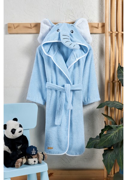 Kapşonlu Çocuk Bornoz Pamuklu Mavi Fil Hayvan