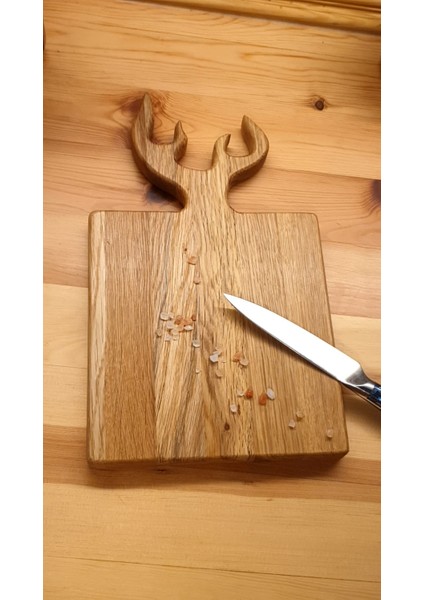Geyik Boynuzu Model Sunum Kesme Servis Tahtası Doğal Ahşap Meşe 34 x 20 cm