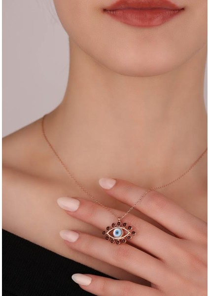 Opal Taşlı ve Mine Işlemeli Gümüş Göz Kolye