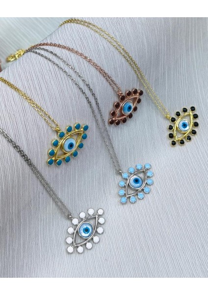 Opal Taşlı ve Mine Işlemeli Gümüş Göz Kolye