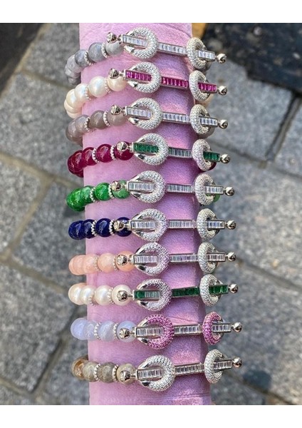 Doğal Taşlı Renkli Streç Gümüş Bileklik fiyatları