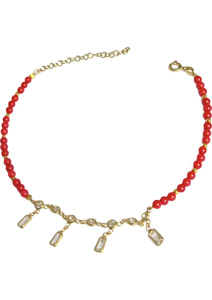 Mercan Taşlı Sallantılı Gümüş Halhal - Rodyum fiyatları