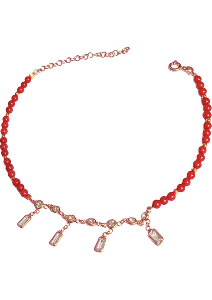 Mercan Taşlı Sallantılı Gümüş Halhal - Rodyum modelleri