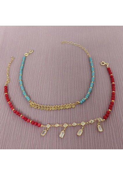 Mercan Taşlı Sallantılı Gümüş Halhal - Rodyum indirimleri