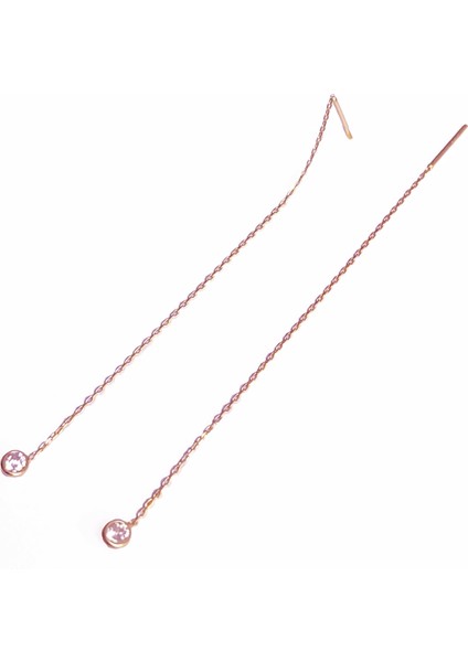 Zincirli Tek Taşlı Gümüş Küpe - Rose