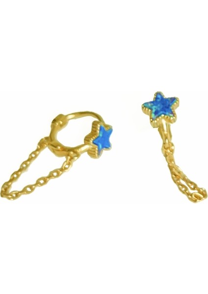 Turkuaz Taşlı Yıldız Gümüş Kıkırdak Küpesi - Altın Rengi