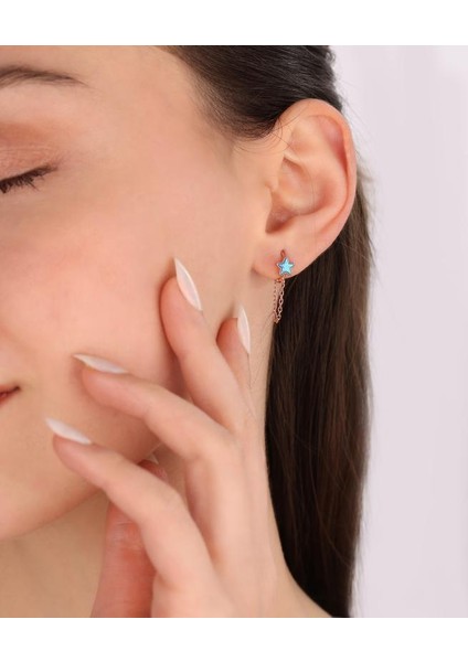 Turkuaz Taşlı Yıldız Gümüş Kıkırdak Küpesi - Altın Rengi indirimleri