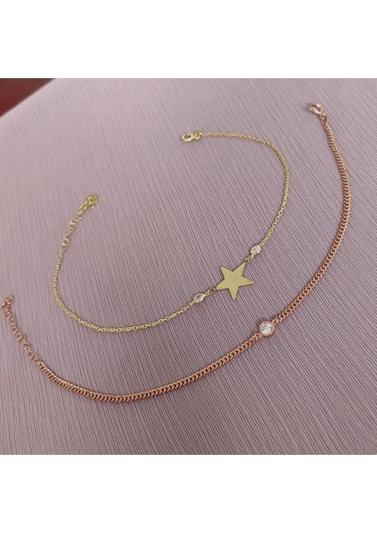 Gurmet Zincirli Tek Taşlı Gümüş Halhal - Gold indirimleri