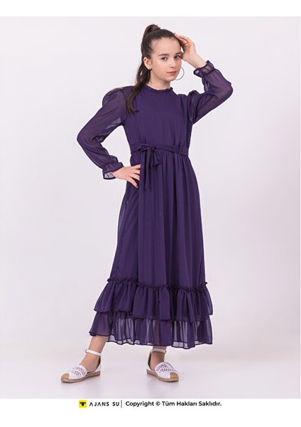 Tül Uzunkol Eteği Katlı Büzgülü Şifon Kız Elbise