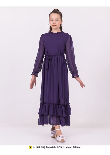 Tül Uzunkol Eteği Katlı Büzgülü Şifon Kız Elbise fiyatları