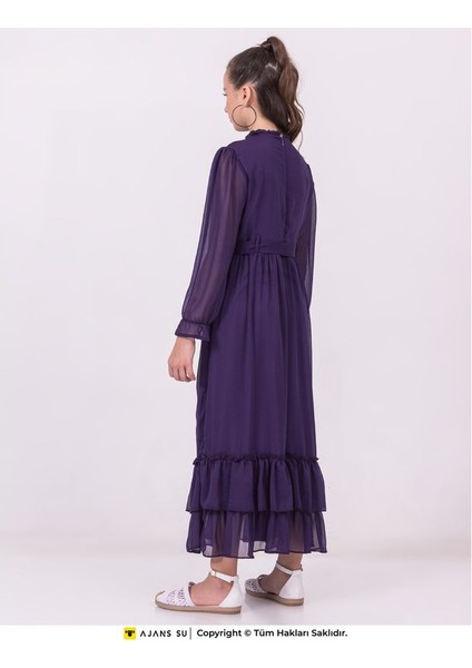 Tül Uzunkol Eteği Katlı Büzgülü Şifon Kız Elbise modelleri
