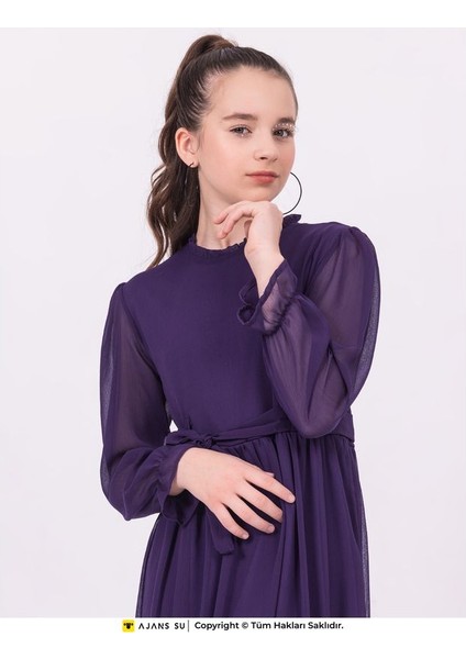 Tül Uzunkol Eteği Katlı Büzgülü Şifon Kız Elbise fırsatları