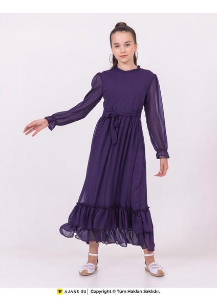 Tül Uzunkol Eteği Katlı Büzgülü Şifon Kız Elbise indirimleri