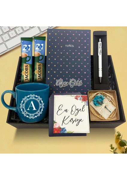 Kişiye Özel Kalp Desenli Defter & Mavi Kupa & Beyaz Kalem & Kokulu Sabun & Jacops Kahve Karışımı Hediye Seti