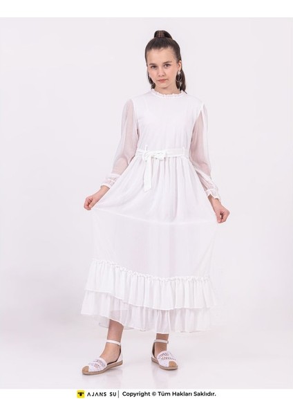 Tül Uzunkol Eteği Katlı Büzgülü Şifon Kız Elbise