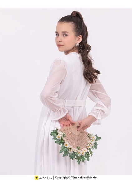 Tül Uzunkol Eteği Katlı Büzgülü Şifon Kız Elbise fırsatları