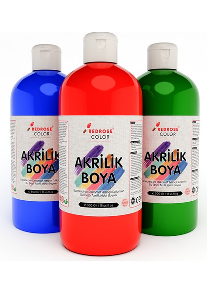 Kırmızı Mavi Yeşil Akrilik Boya 3'lü Set 3 x 500 gr Dekoratif Hobi Amaçlı Sanatsal Canlı Renkler