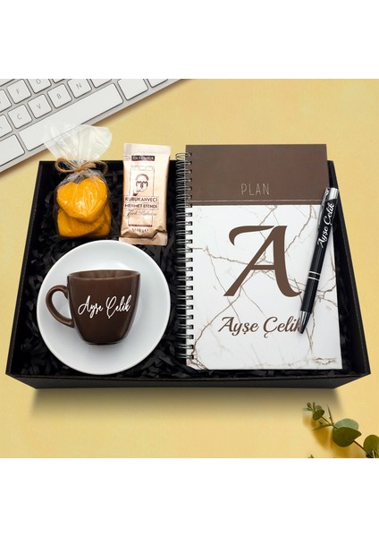 Kişiye Özel Telli Defter & Kahverengi Fincan & Siyah Kalem & Kurabiye & Türk Kahvesi Hediye Seti