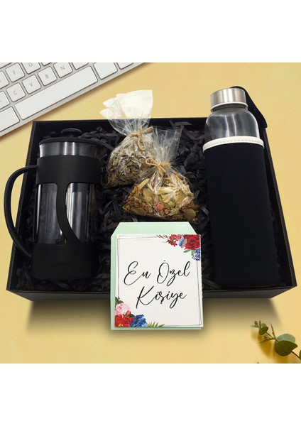 French Press & Kılıflı Cam Suluk & Ihlamur & Ada Çayı Hediye Seti