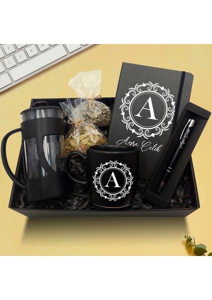 Kişiye Özel Siyah Defter & Siyah Kupa & French Press & Siyah Kalem & Ihlamur & Ada Çayı Hediye Seti