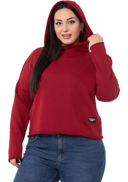 Büyük Beden Kapüşonlu Düşük Kollu Pis Dikişli Üç Iplik Bordo Sweatshirt