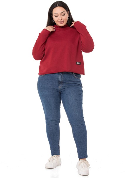 Büyük Beden Kapüşonlu Düşük Kollu Pis Dikişli Üç Iplik Bordo Sweatshirt