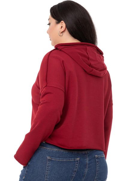 Büyük Beden Kapüşonlu Düşük Kollu Pis Dikişli Üç Iplik Bordo Sweatshirt