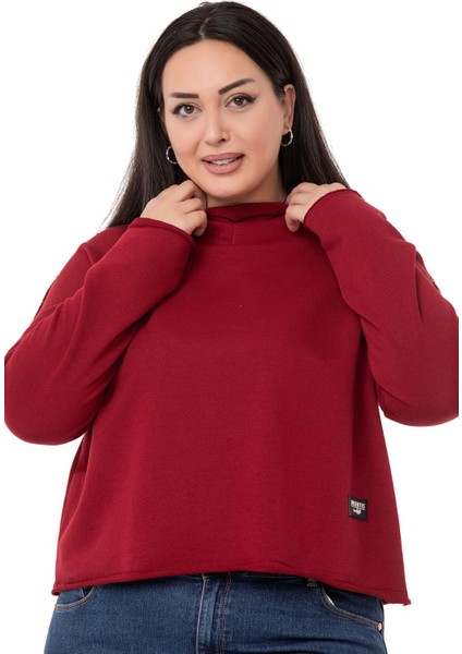 Büyük Beden Kapüşonlu Düşük Kollu Pis Dikişli Üç Iplik Bordo Sweatshirt