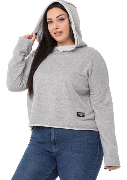 Büyük Beden Kapüşonlu Düşük Kollu Pis Dikişli Üç Iplik Gri Melanj Sweatshirt